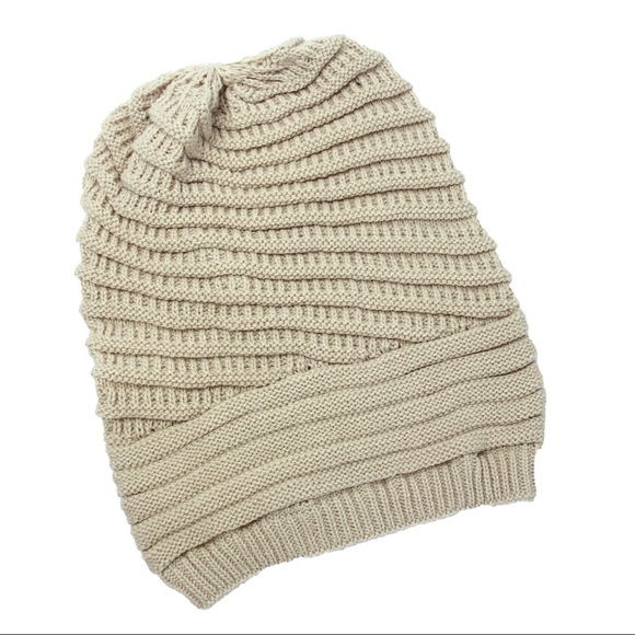 beige knitted slouchy beanie hat - Picture 3 of 4